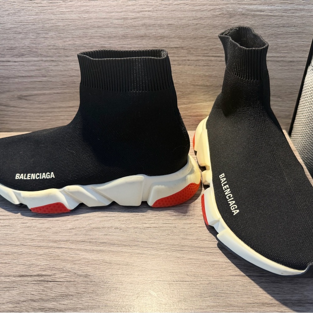 Balenciaga Black Knit Sneakers with White and Red Accents